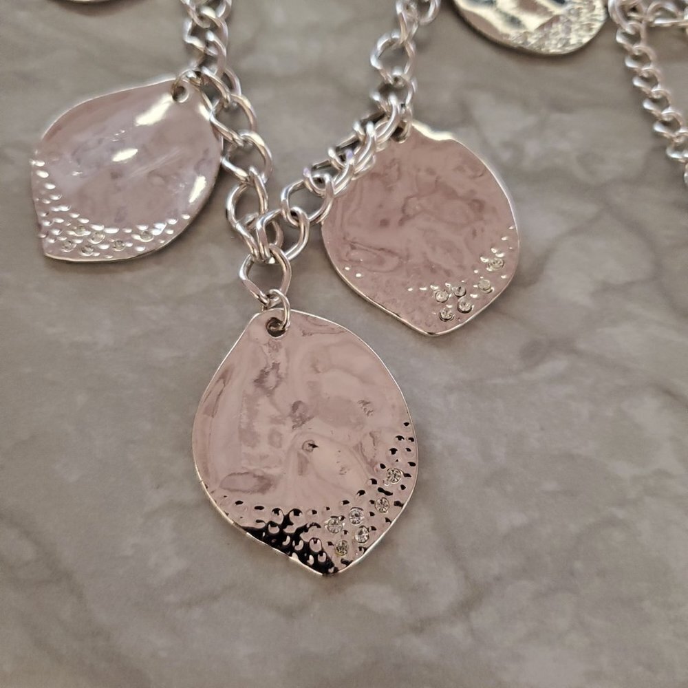 ✨ Chico's Silver Hammered Rhinestones Crystals Pave Beaded Disc Necklace ✨ - Picture 2 of 13